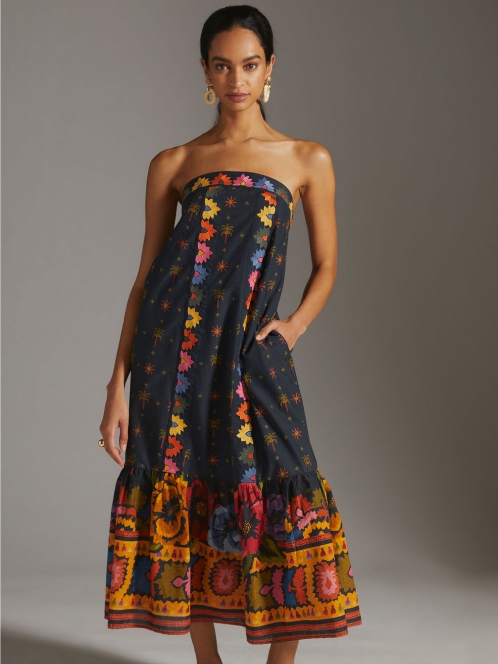 Farm Rio Embroidered strapless floral maxi dress